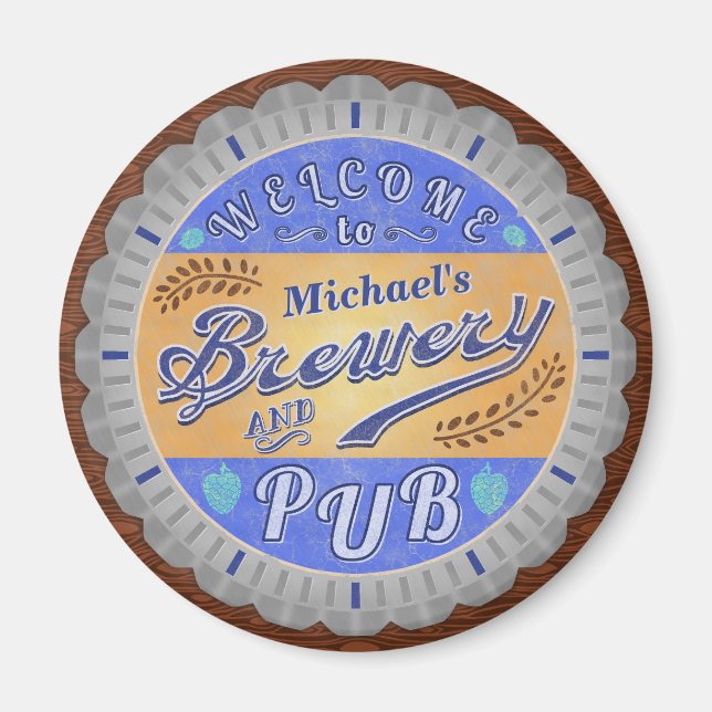 Brewery Pub Personalized Beer Bottle Cap Magnet (Front)