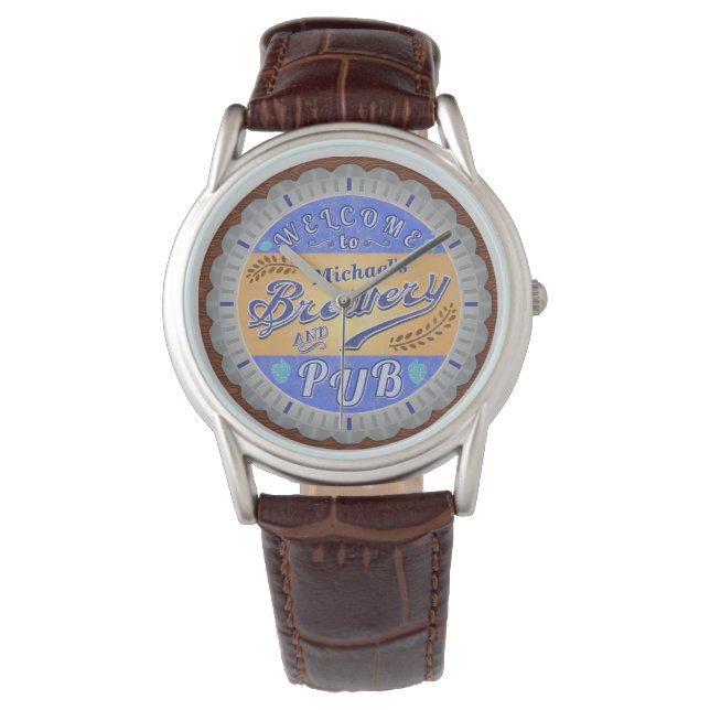 Brewery Pub Personalized Beer Bottle Cap Watch (Front)