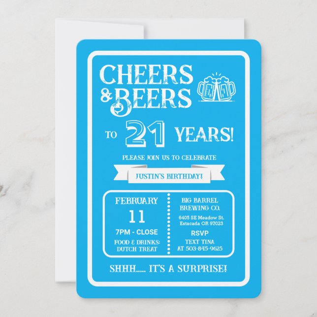 Brewery Surprise Cheers and Beers to 21 Years Invitation (Front)