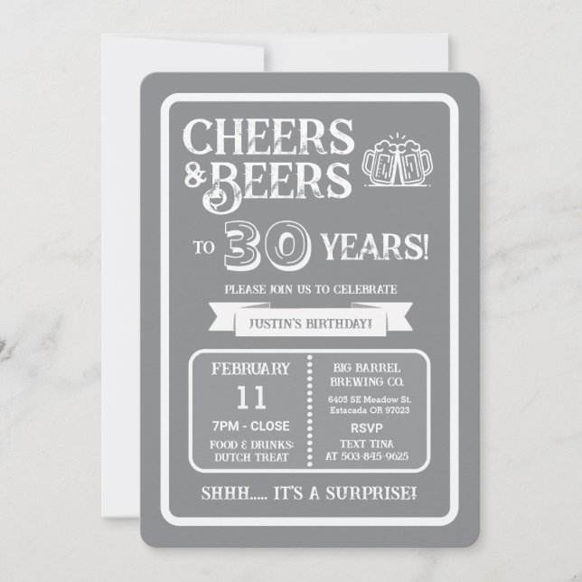 Brewery Surprise Cheers and Beers to 30 Years Invitation (Front)