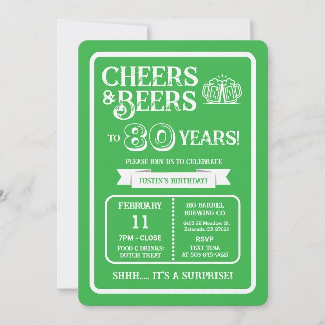 Brewery Surprise Cheers and Beers to 80 Years Invitation (Front)