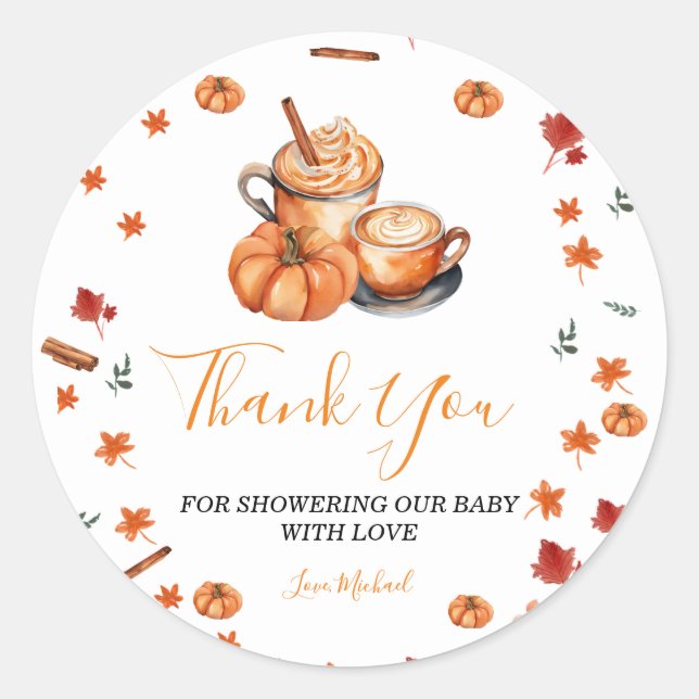 Brewing Pumpkin Spice Coffee Baby Shower Thank You Classic Round Sticker (Front)