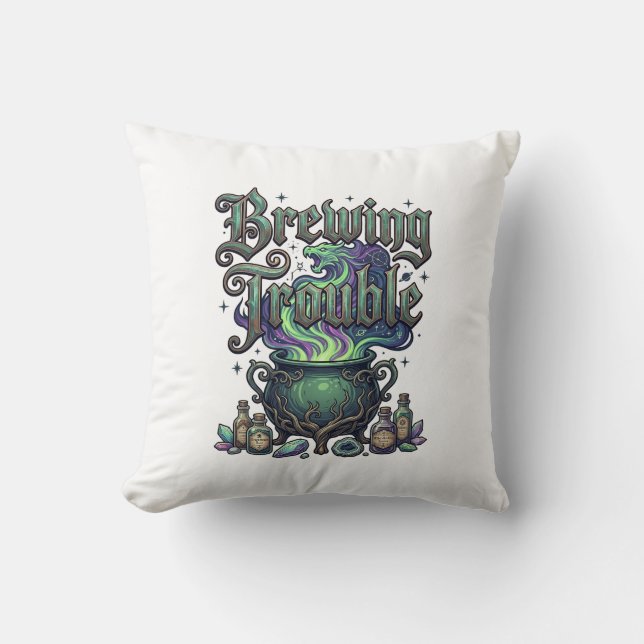 Brewing Trouble Cauldron Dragon Alchemy Crystals H Throw Pillow (Front)