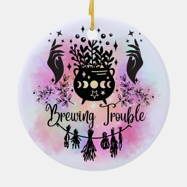 Brewing Trouble: Mischievous Witchy Design Ceramic Ornament (Back)