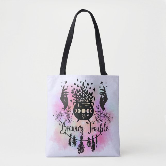 Brewing Trouble: Mischievous Witchy Design Tote Bag (Front)
