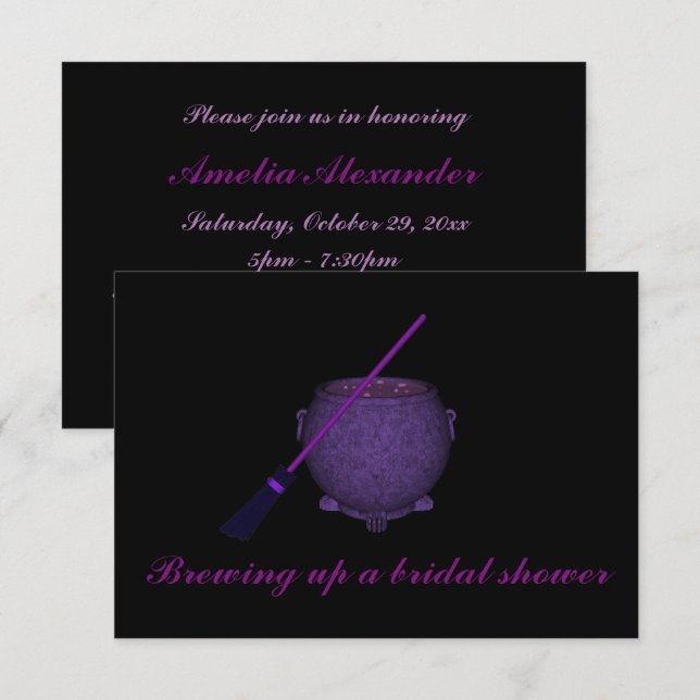 "Brewing Up a Bridal Shower" w/ Broom & Cauldron Invitation (Front/Back)