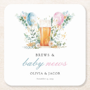 Brews & Baby News Gender Reveal Party Square Paper Coaster