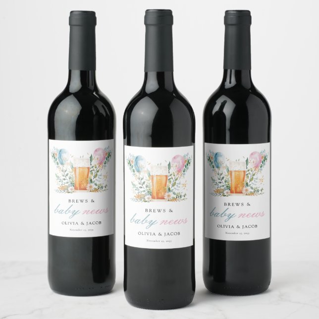 Brews & Baby News Gender Reveal Party Wine Label (Bottles)