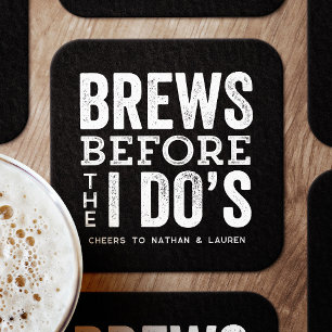 Brews before I do's black and white bachelor party Square Paper Coaster