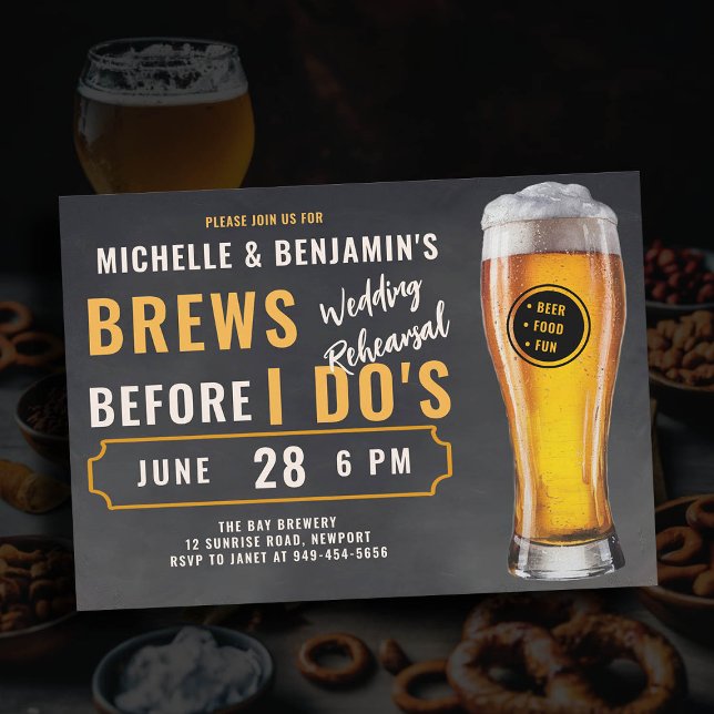 Brews Before I Dos Brewery Wedding Rehearsal Chalk Invitation (brews before i dos wedding rehearsal dinner invitation brewery theme rustic chalk board beer glass)