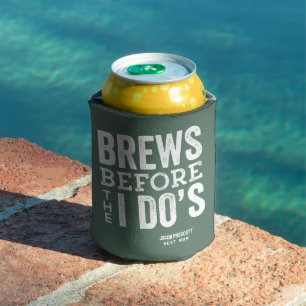 Brews before I Do's fun green personalized wedding Can Cooler