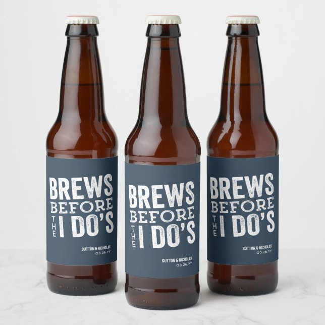 Brews before I Do's fun slate blue wedding Beer Bottle Label (Bottles)