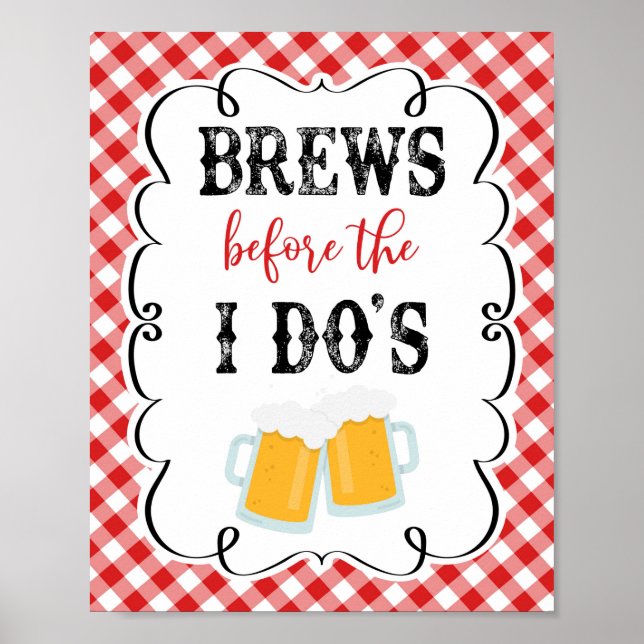 Brews Before The I Do' Red Gingham I Do BBQ Poster (Front)