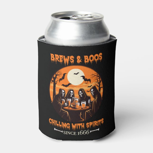 Brews & Boos - Chilling Halloween Ghosts Beer Can Cooler (Can Front)