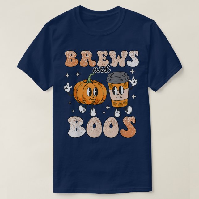Brews & Boos Cute Fall Coffee Lover Retro Hallowee T-Shirt (Design Front)