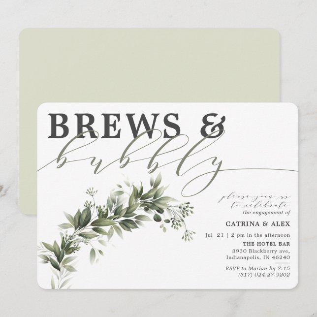 Brews & Bubbly Faded Greenery Engagement Party Invitation (Front/Back)