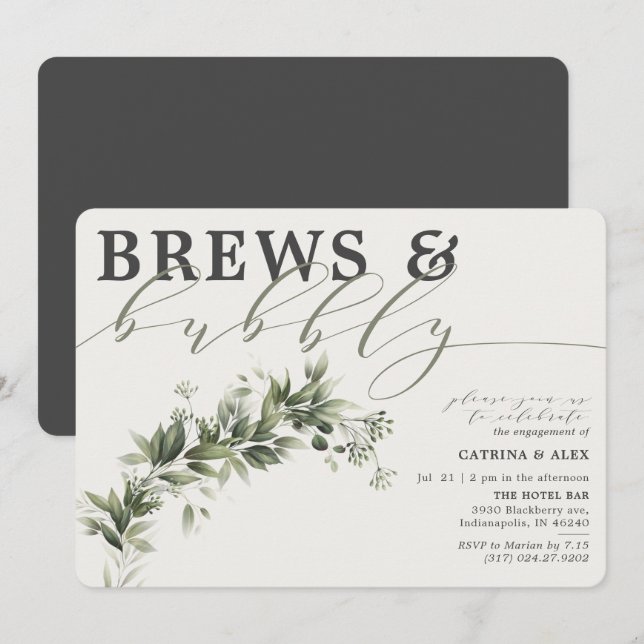 Brews Bubbly Grey Faded Greenery Engagement Party Invitation (Front/Back)