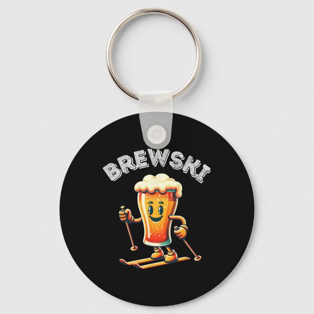 Brewski Winter Skiing Beer Ski Retro Cartoon Funny Keychain (Front)