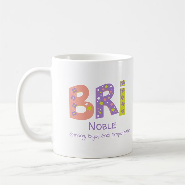 Bri girls name meaning coral purple flower stars coffee mug (Left)