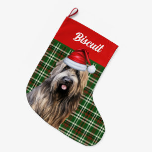 Briard Shepherd Dog Green Plaid Personalized Large Christmas Stocking