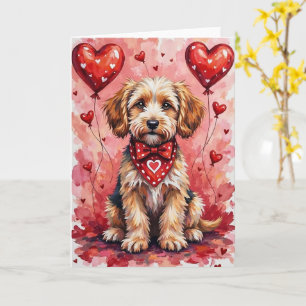 Briard Valentine Dog Sitting with Hearts Red Card