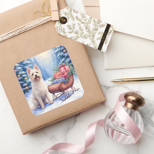 Briard Vintage Sleigh Winter Christmas Art Square Sticker (Gifting)