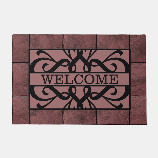  Brick Aged Red Black Filigree Welcome Doormat (Front)
