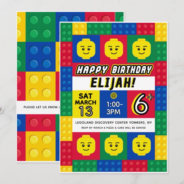 Brick Builder Block Man Customizable Invitation (Front/Back)