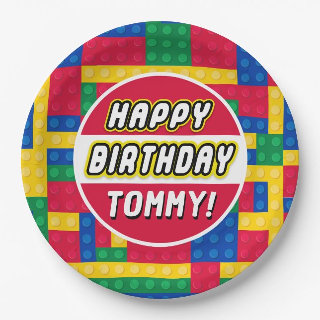 Brick Builder Customizable Birthday party Paper Plate (Front)