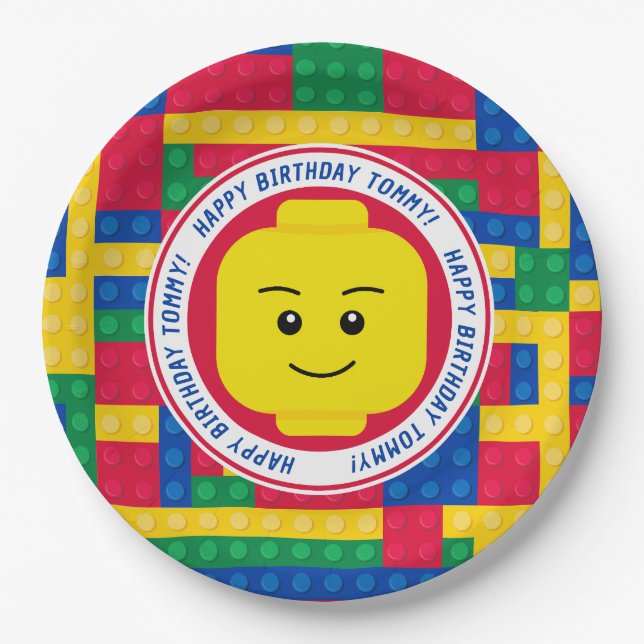 Brick Builder Man Customizable Birthday Paper Plate (Front)