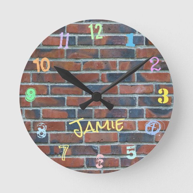 Brick Graffiti Wall Custom Name Round Clock (Front)