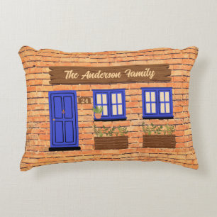 Brick House with Blue Door Custom Text Accent Pillow