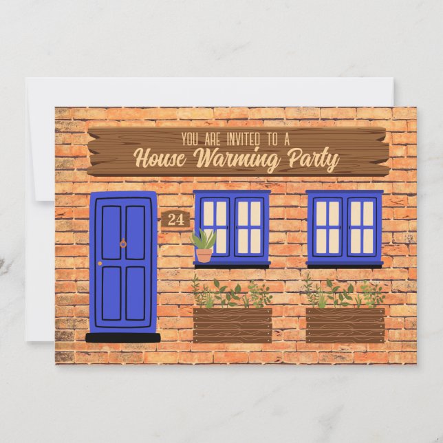 Brick House with Blue Door House Warming Party Invitation (Front)
