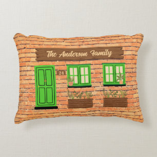 Brick House with Green Door Custom Text Accent Pillow