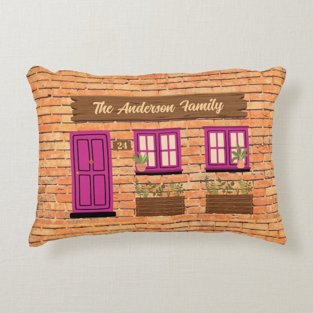 Brick House with Pink Door Custom Text Accent Pillow (Front)
