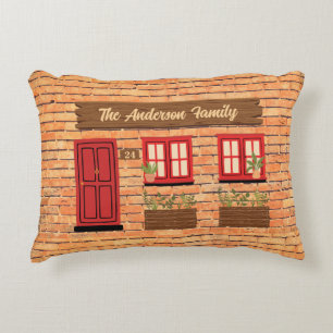 Brick House with Red Door Custom Text Accent Pillow
