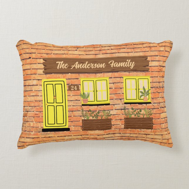 Brick House with Yellow Door Custom Text Accent Pillow (Front)