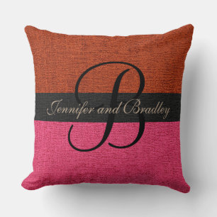 Brick Red and Pink Elegant Monogram Wedding Throw Pillow