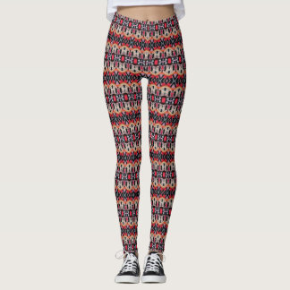 Brick red, cream and black feathered pattern leggings