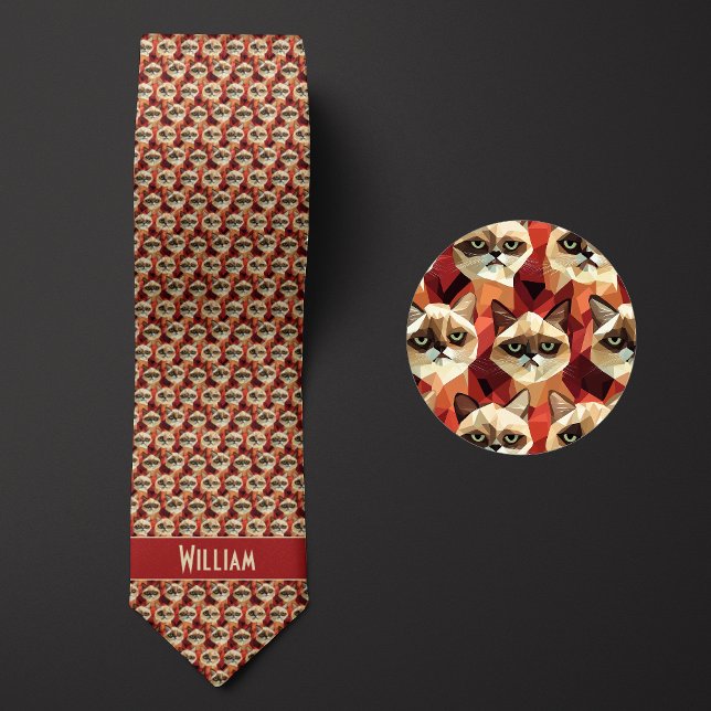 Brick Red Geometric Cat Pattern Tie (Creator Uploaded)