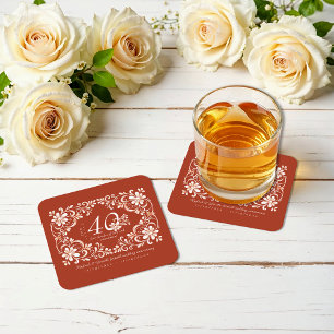 Brick Red Shabby Chic 40 Anniversary Coaster
