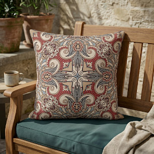 Brick Red Teal Grey Blue Taupe Kaleidoscope Art Outdoor Pillow