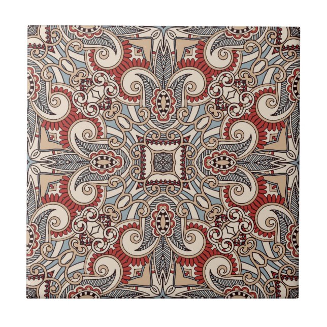 Brick Red Teal Grey Blue Taupe Kaleidoscope Art Tile (Front)