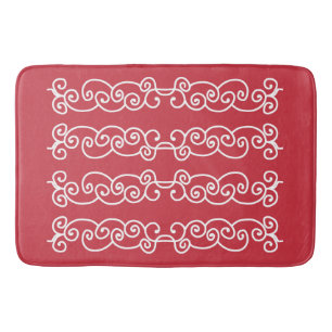 Brick red white scrolls bath mat