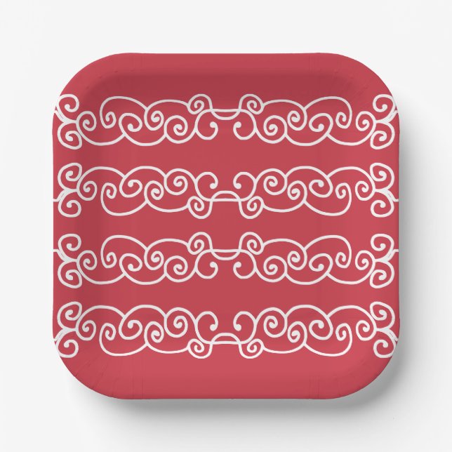 Brick red white scrolls paper plate (Front)