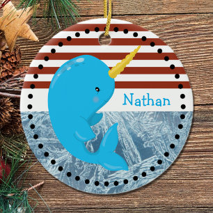 Brick Red-White Stripes•Narwhal•Custom Ceramic Ornament