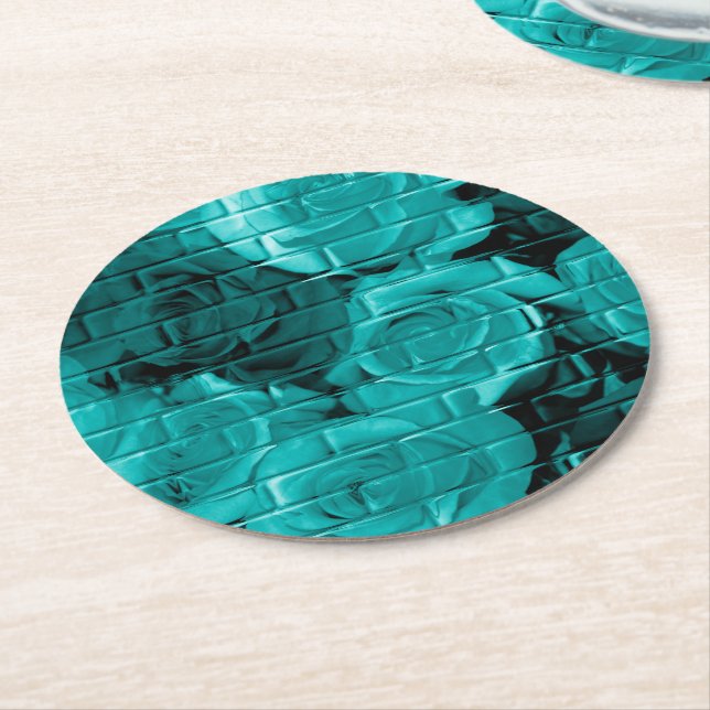 Brick Roses-03-Teal-Round Party Coasters (Angled)
