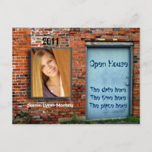 brick wall and blue door open house card