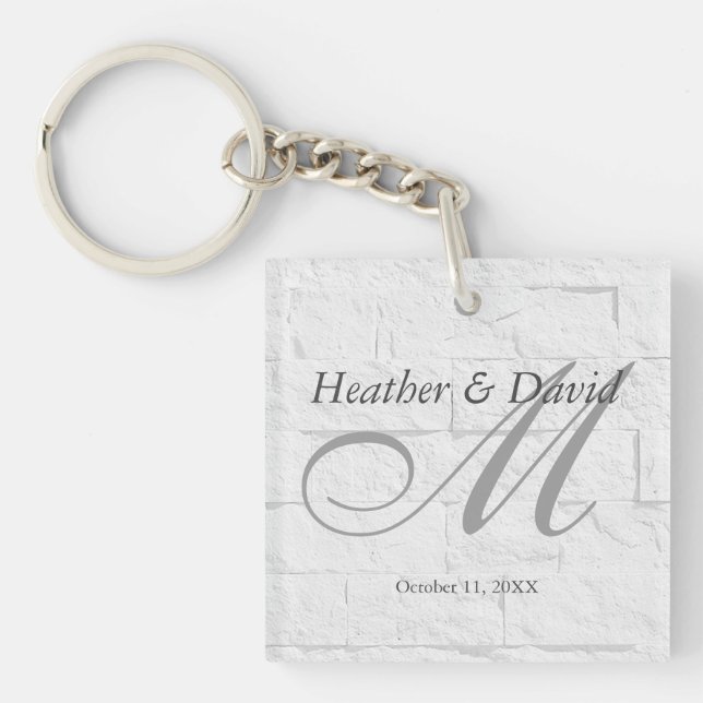 Brick Wall Calligraphy Script Monogram Wedding Keychain (Front)