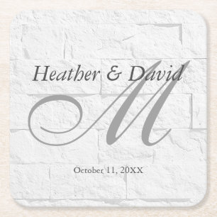 Brick Wall Calligraphy Script Monogram Wedding Square Paper Coaster
